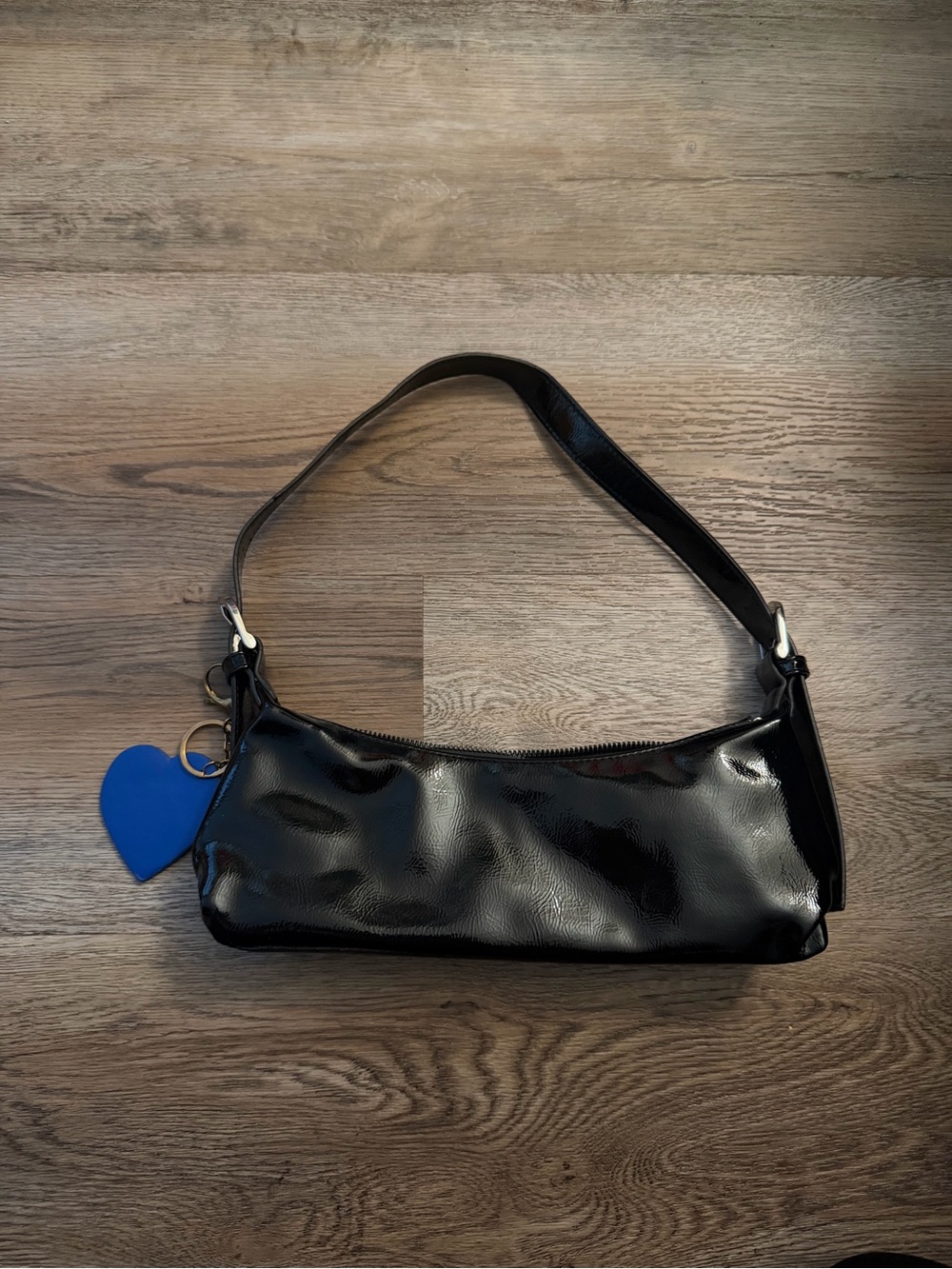 Black Patent Shoulder Bag with Blue Heart Charm